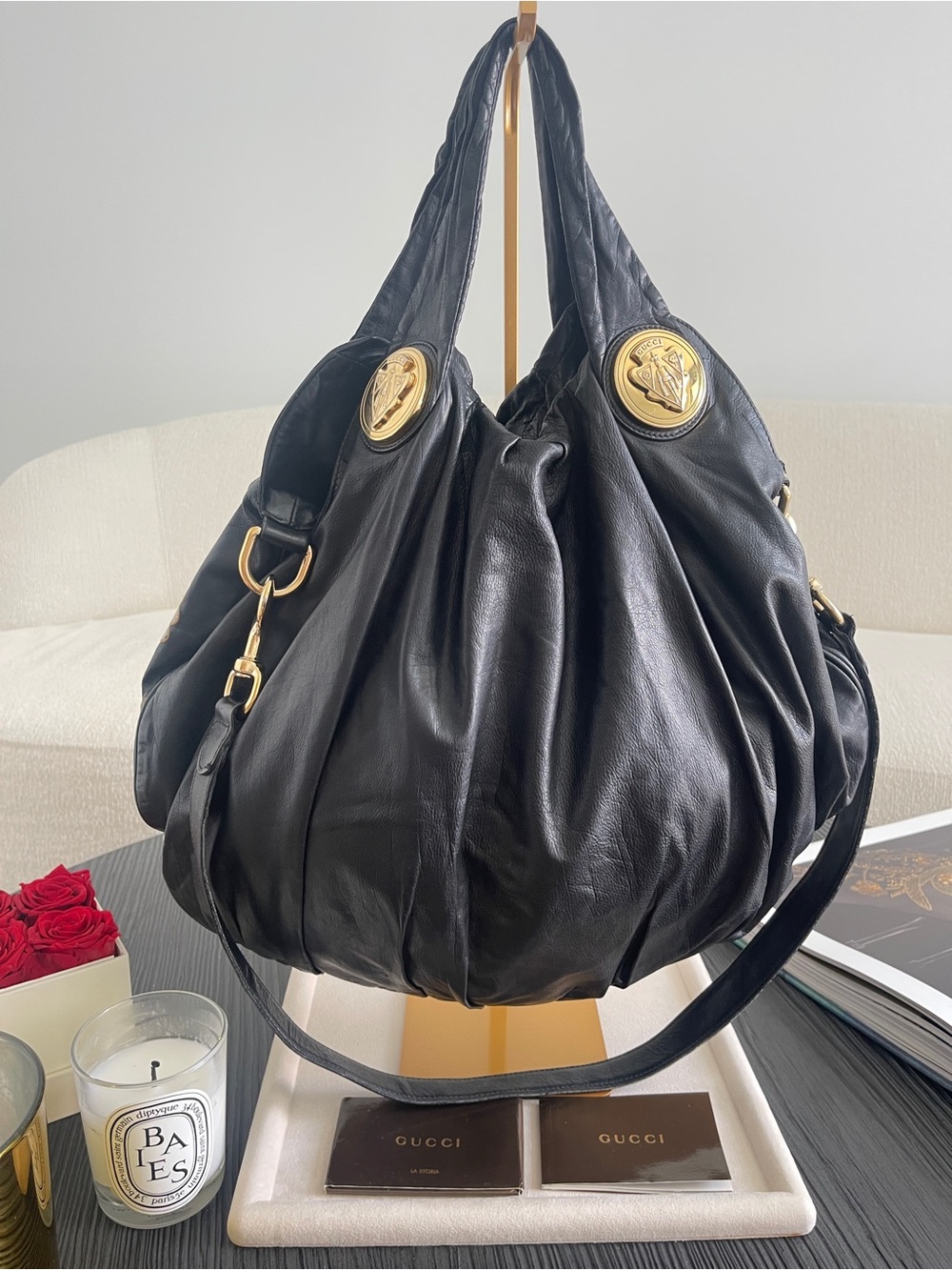 Gucci Hysteria Large Hobo Bag Black Leather Floral Embroidered Vintage $4500 - Picture 15 of 17
